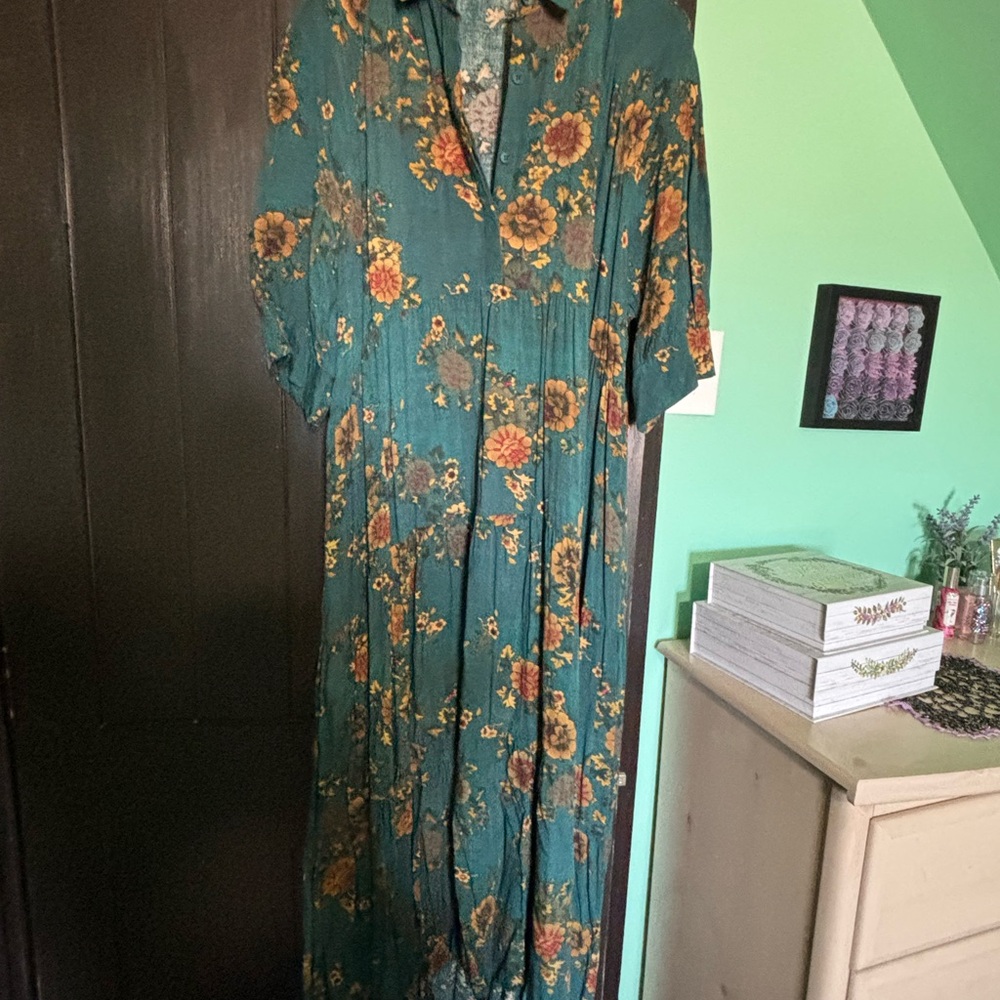 NATURAL LIFE Teal Maxi Dress with Yellow & Cream Floral Print